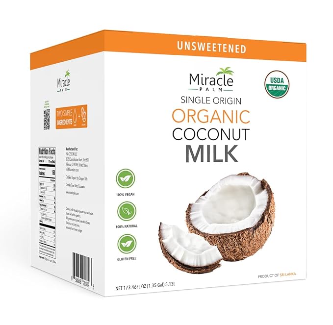 Miracle Palm Organic Coconut Milk 18% Fat - Unsweetened 5kg (11 lbs) Bag in Box