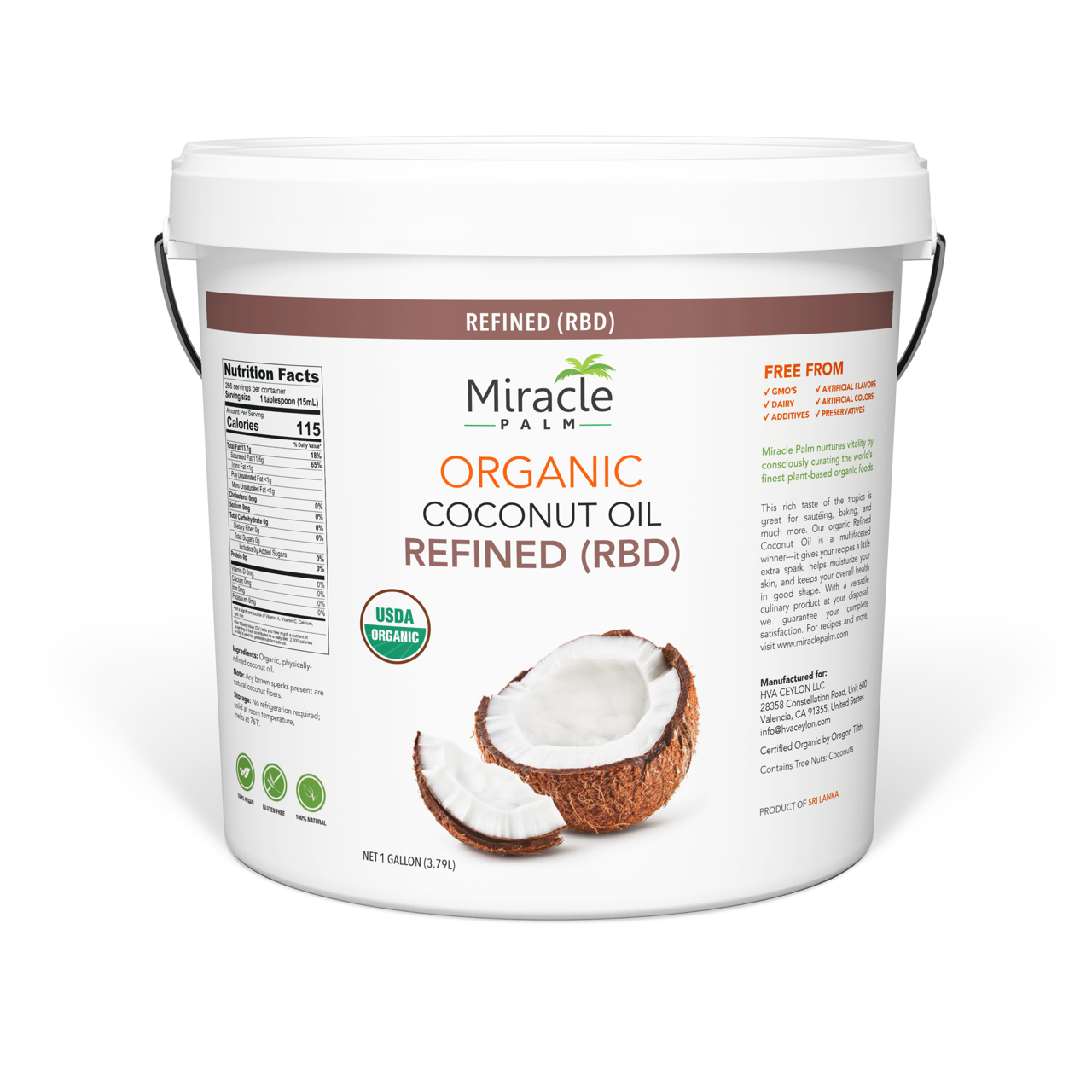 Miracle Palm Organic RBD Coconut Oil (RBD) Tasteless 1 Gallon
