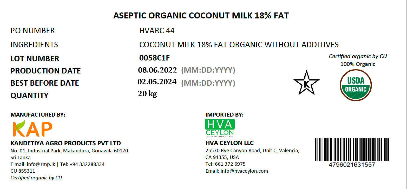 Organic Coconut Milk (20 kg) Unsweetened 18 Fat Miracle Palm
