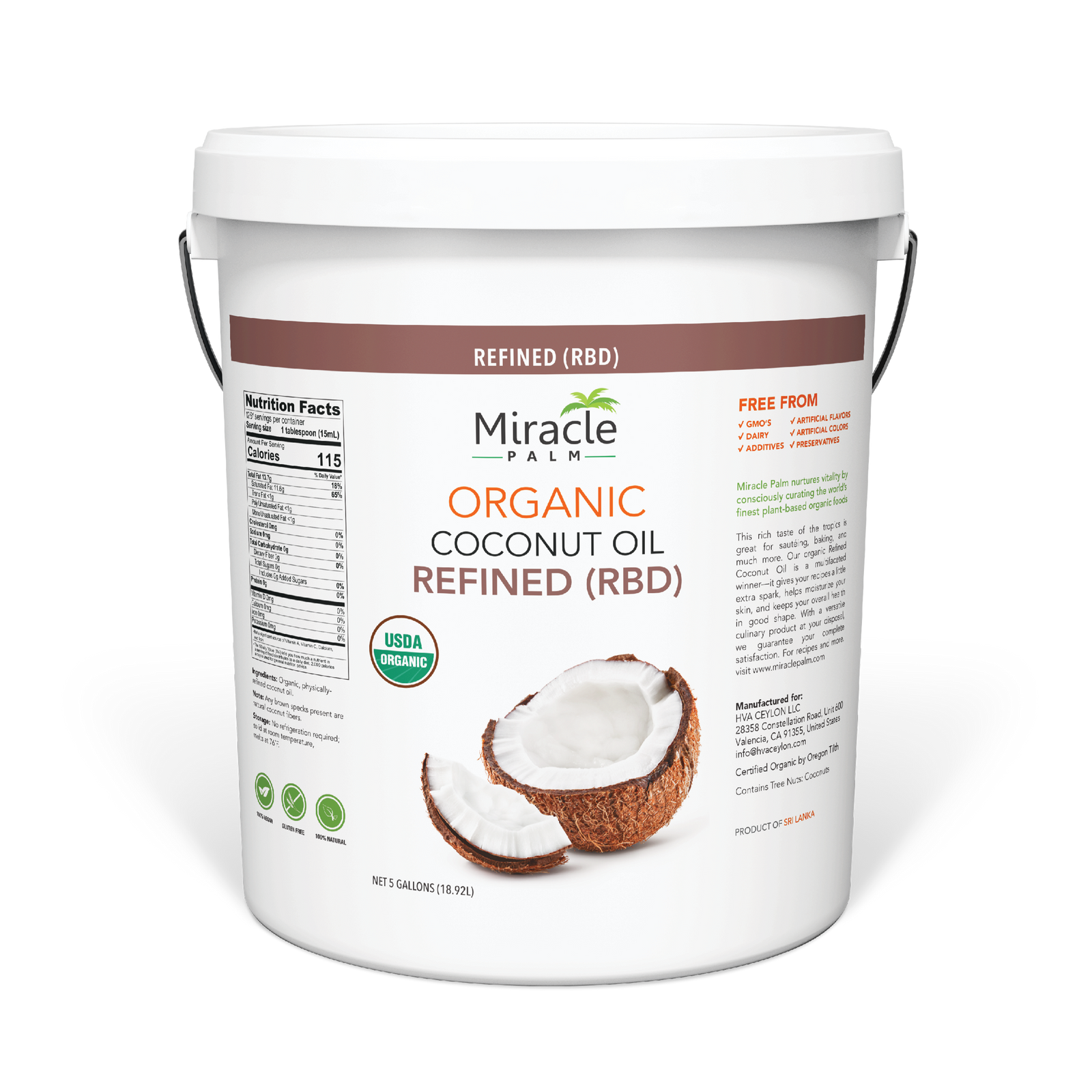 Miracle Palm Organic Refined Coconut Oil (RBD) Tasteless 5 Gallon Pail